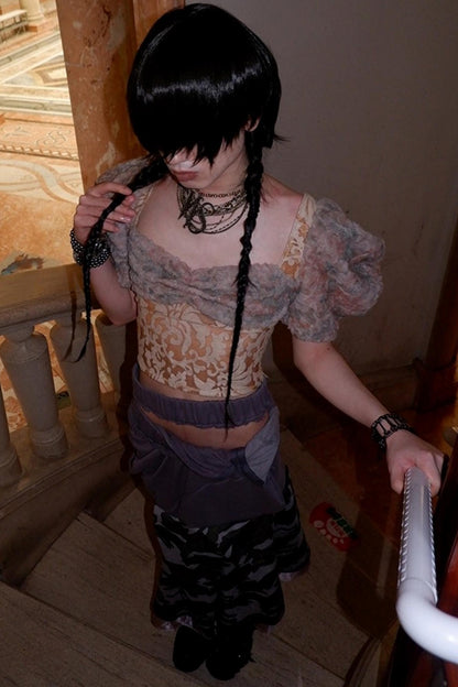 Patchwork Sheer Bud Strap Top