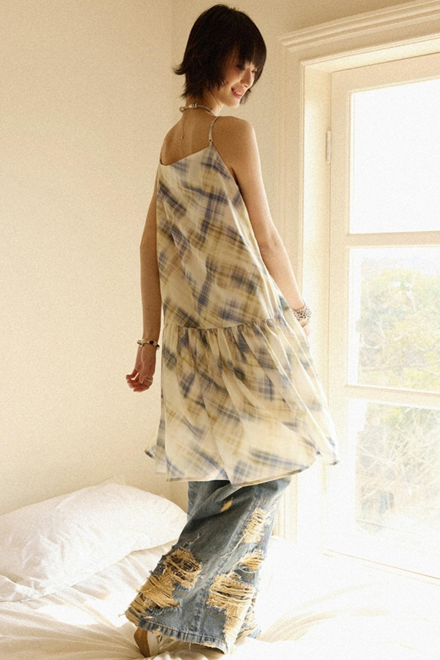 Illusion Plaid Halter Dress