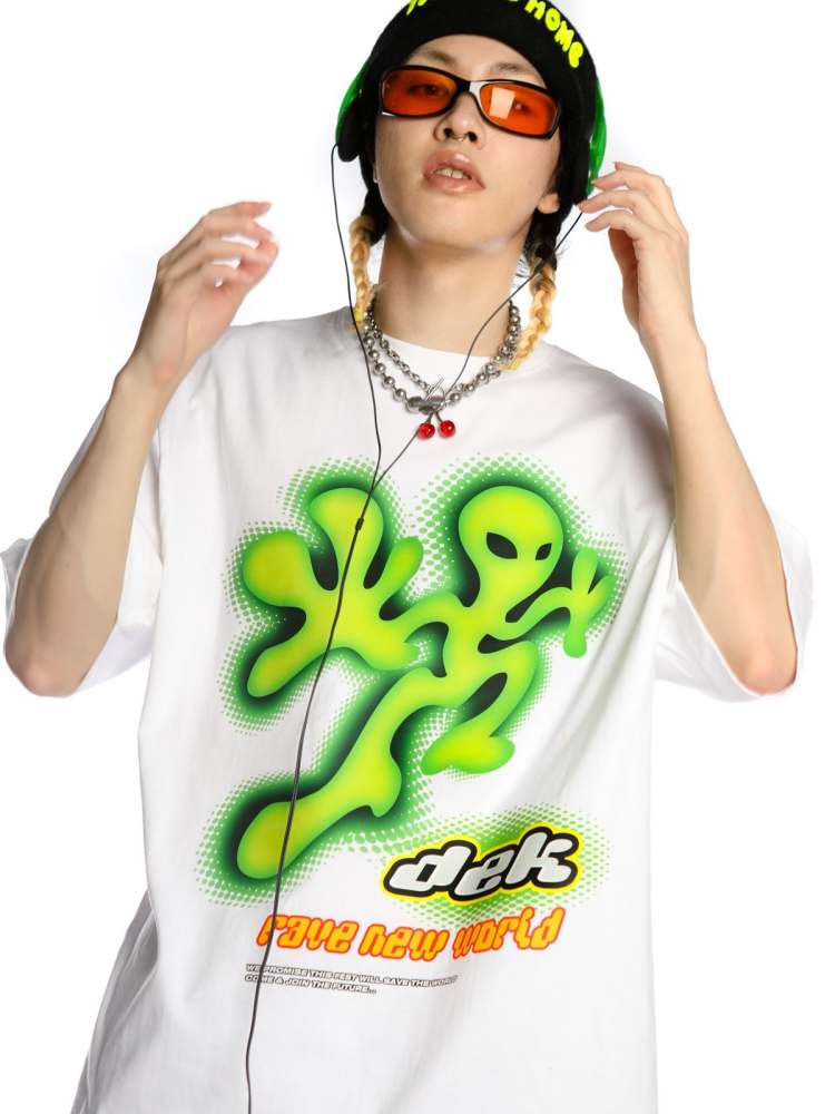 Alien Print Round Neck Loose T-Shirt