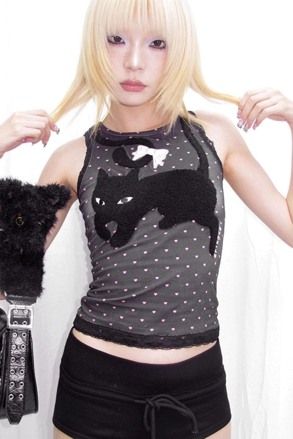 Cat Embroidered Polka Dot Top