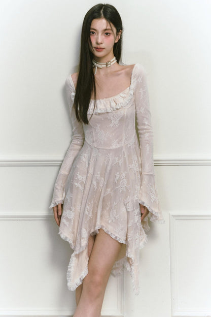 Square Neck Asymmetric Long Sleeve Dress