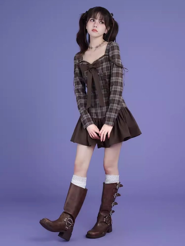 Brown Plaid Bow Long Sleeve Dress