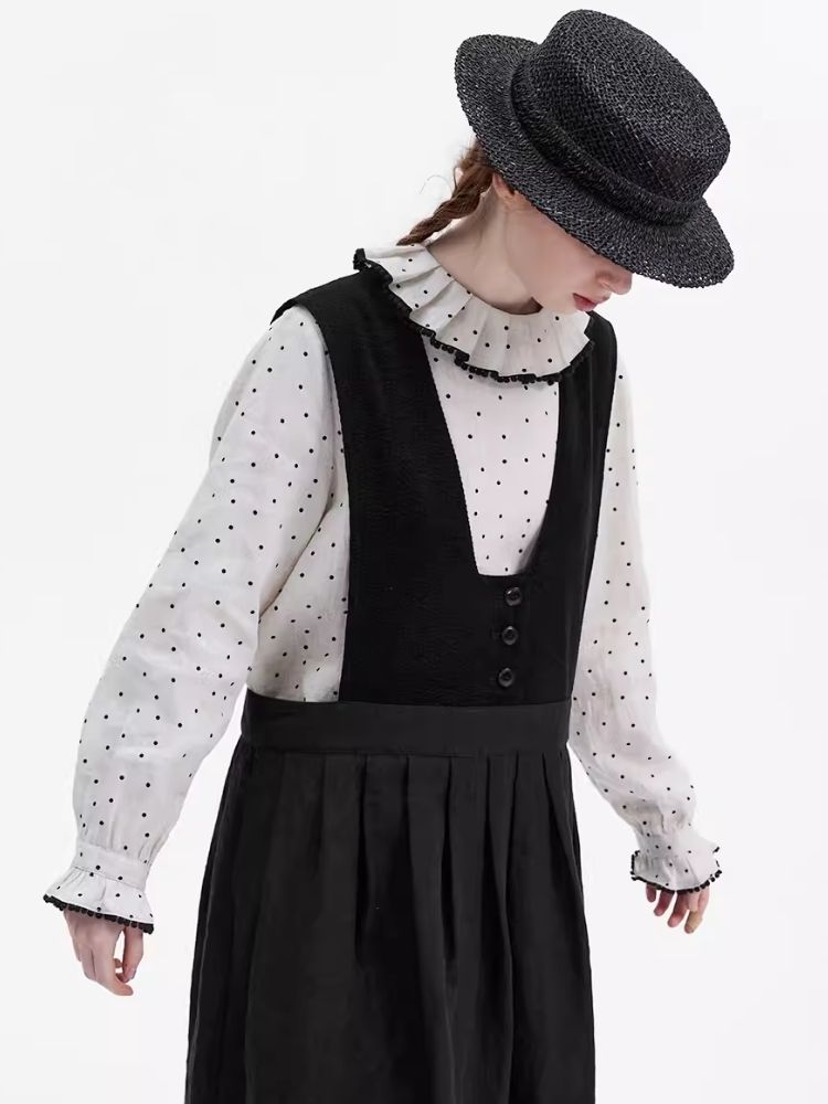 Lace lapel linen polka dot shirt