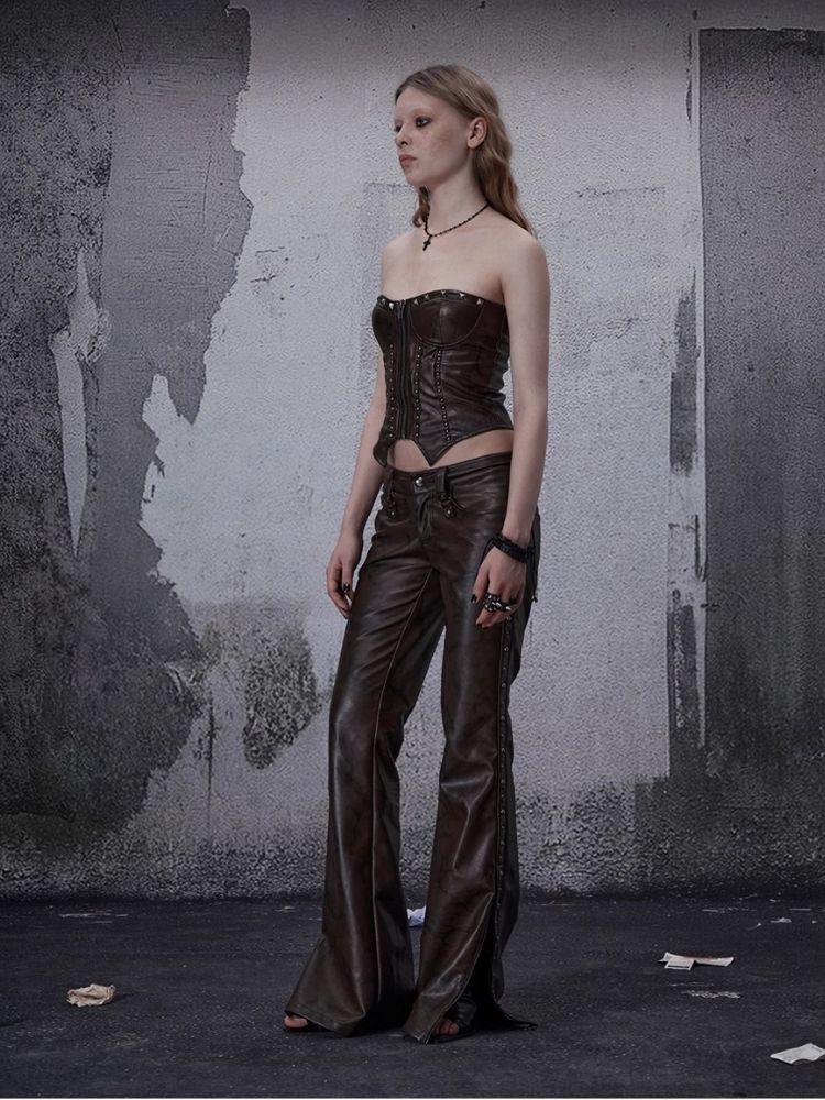 Lean rivets zipper wide-leg pants