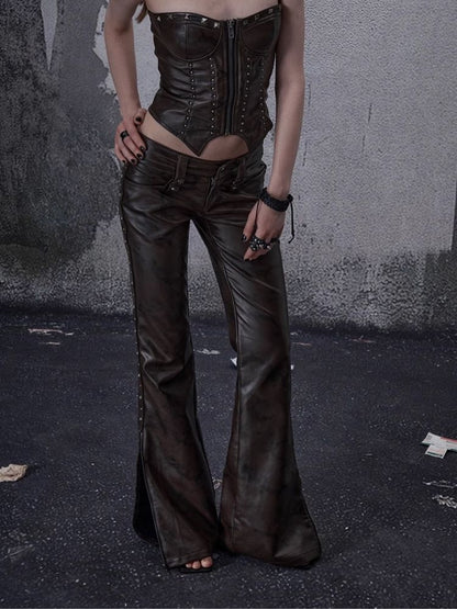 Lean rivets zipper wide-leg pants