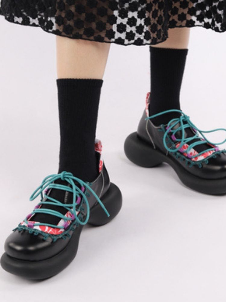 Japanese Pattern Lace Up Platform Shoes