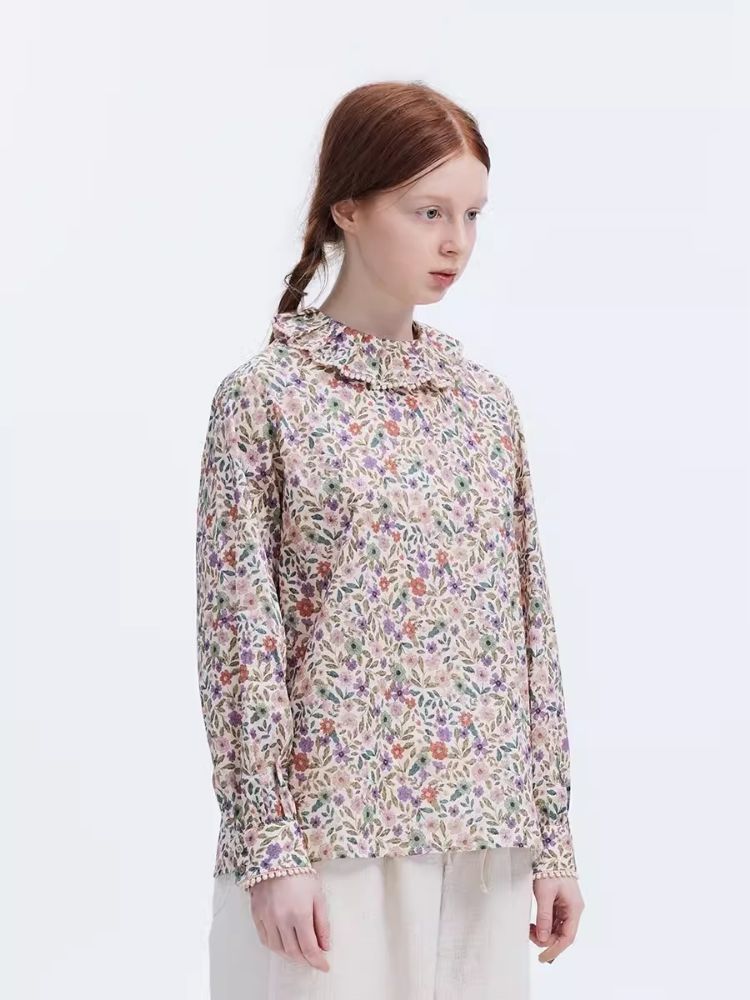 Lace Collar Floral Printed Long Sleeve Shirt