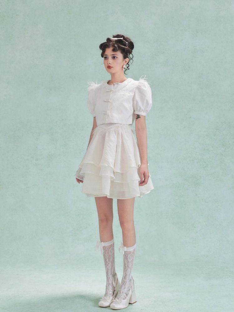 Feather Sandwich Girl Puffy Halter Dress Set