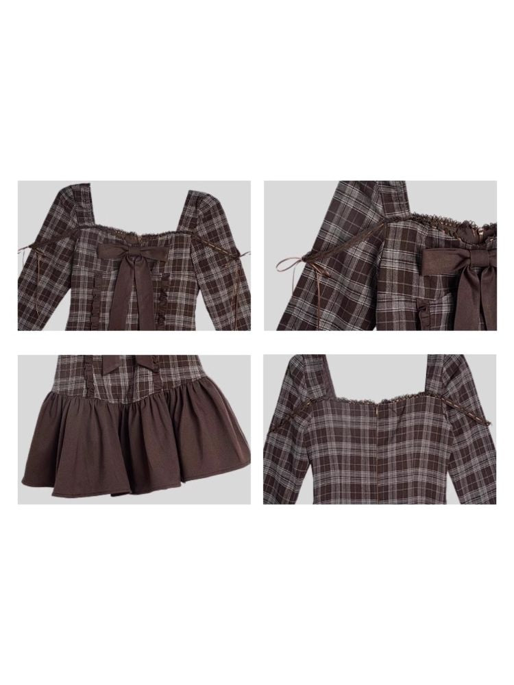 Brown Plaid Bow Long Sleeve Dress