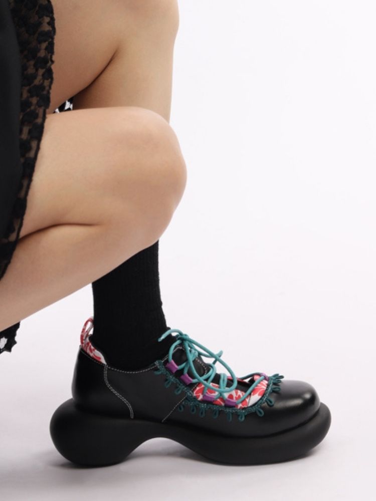 Japanese Pattern Lace Up Platform Shoes