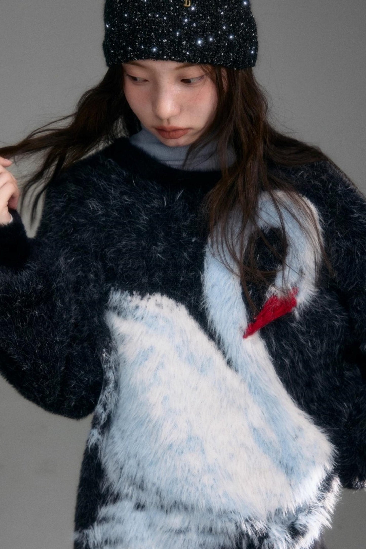 Moonlight Swan Faux Velvet Sweater