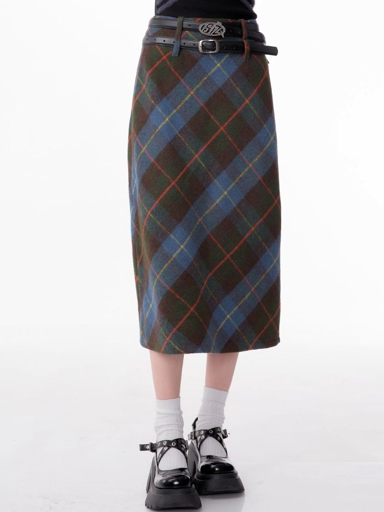 High-waisted thin a-line plaid half-body skirt