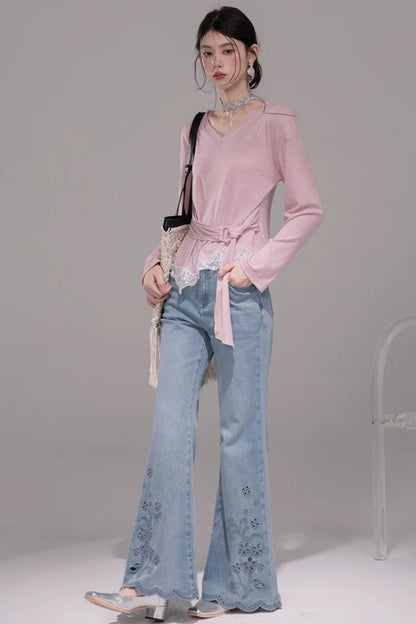 Laser Embroidery Denim Pants