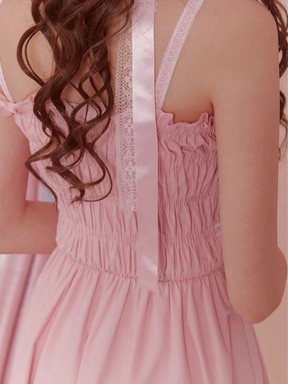 Shrunken Bow Sleeveless Hem Long Pink Halter Dresses