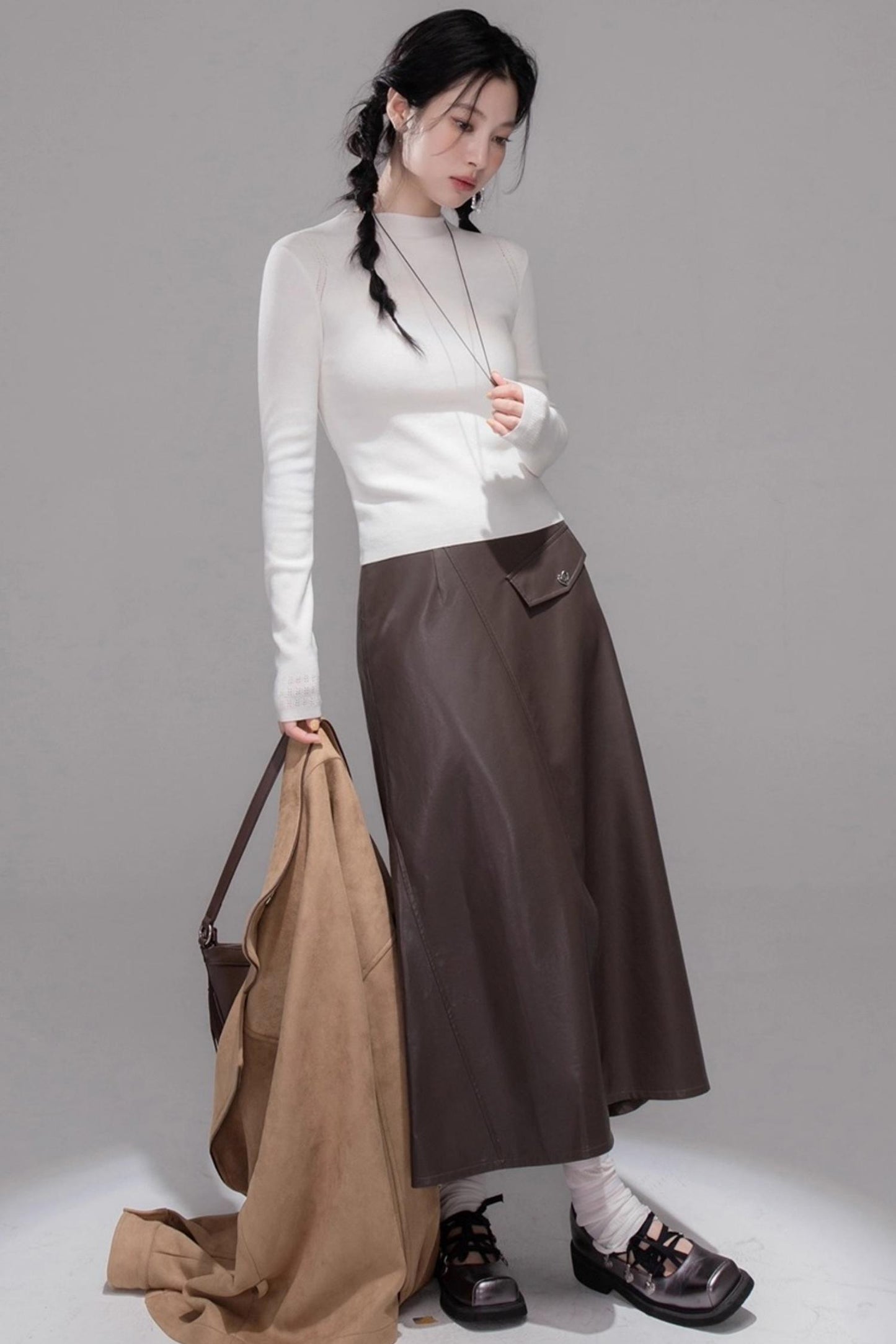 Rich and Crafty Brown Slit Leather Skirt