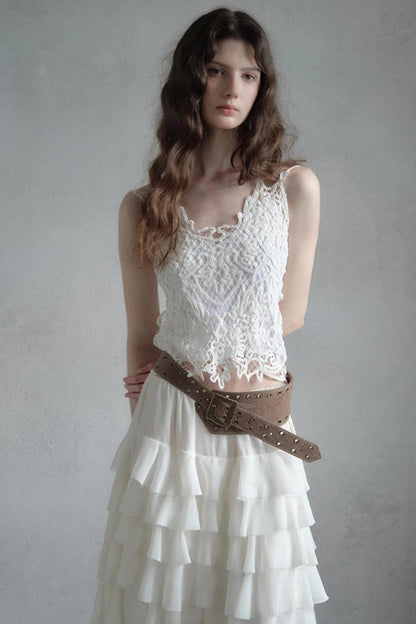 Embellished Lace Vest and Ruffle Skirt Set-Up
