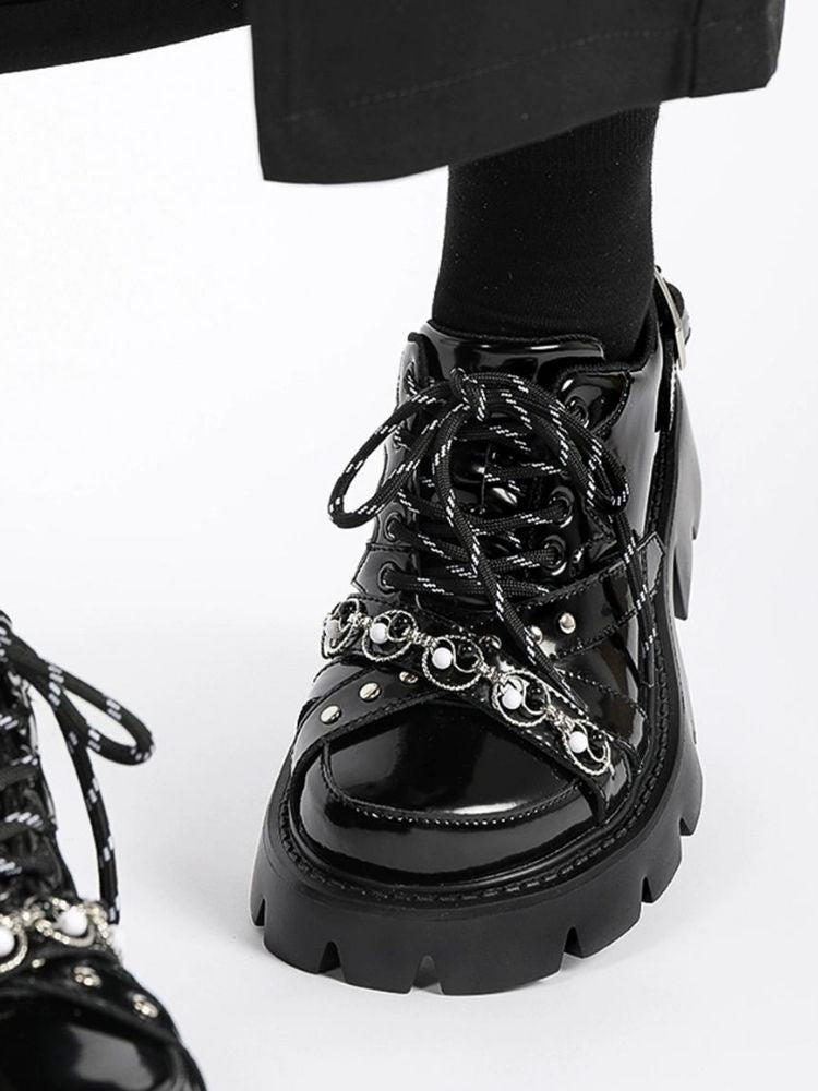 Chain Buckle Belt Lace Up Platform Shoes