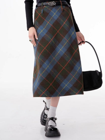 High-waisted thin a-line plaid half-body skirt