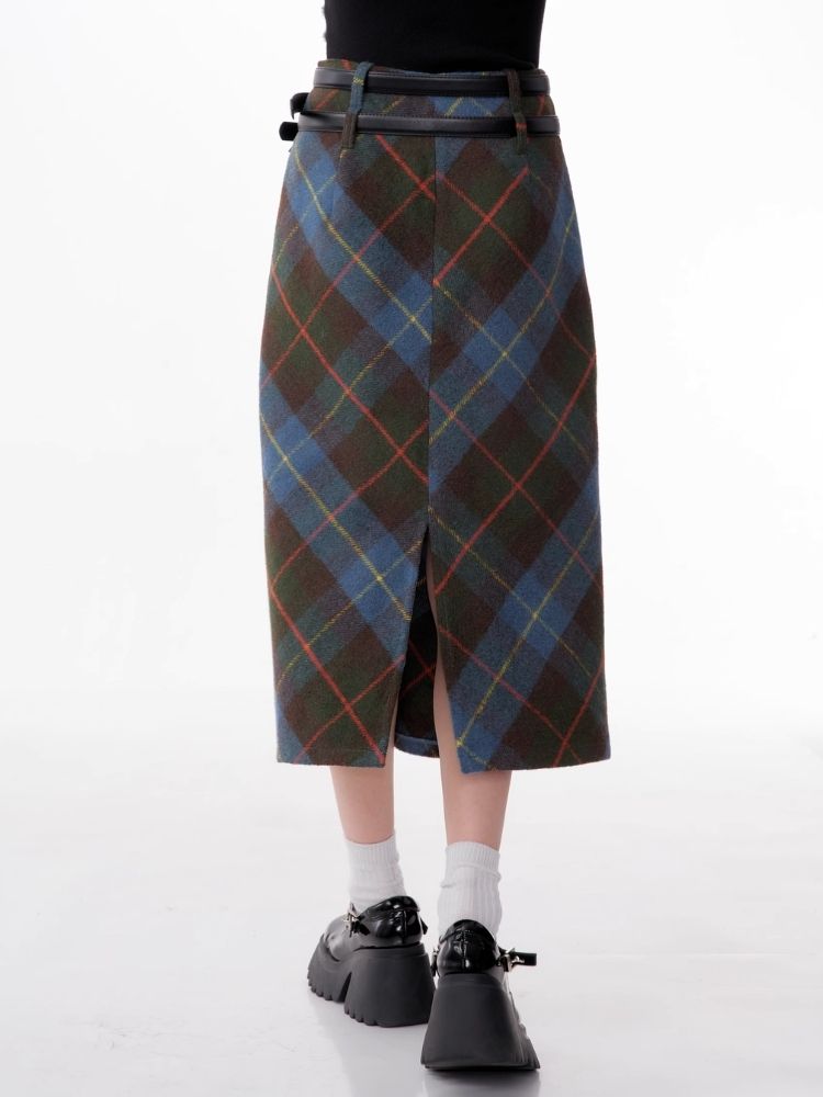 High-waisted thin a-line plaid half-body skirt