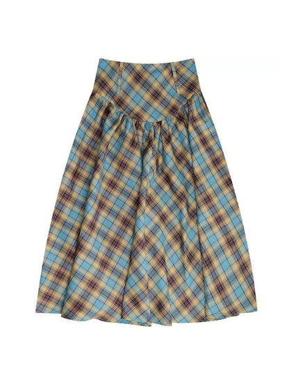 High waist plaid pleated half-body skirt