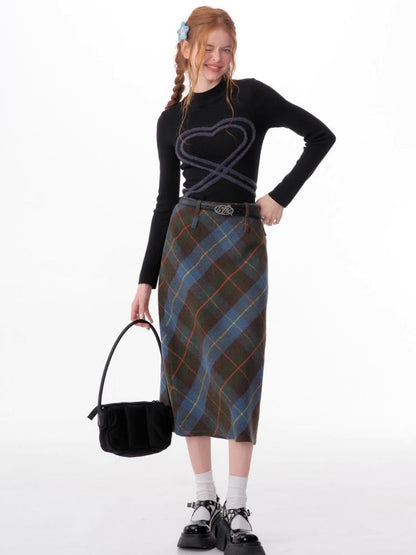 High-waisted thin a-line plaid half-body skirt