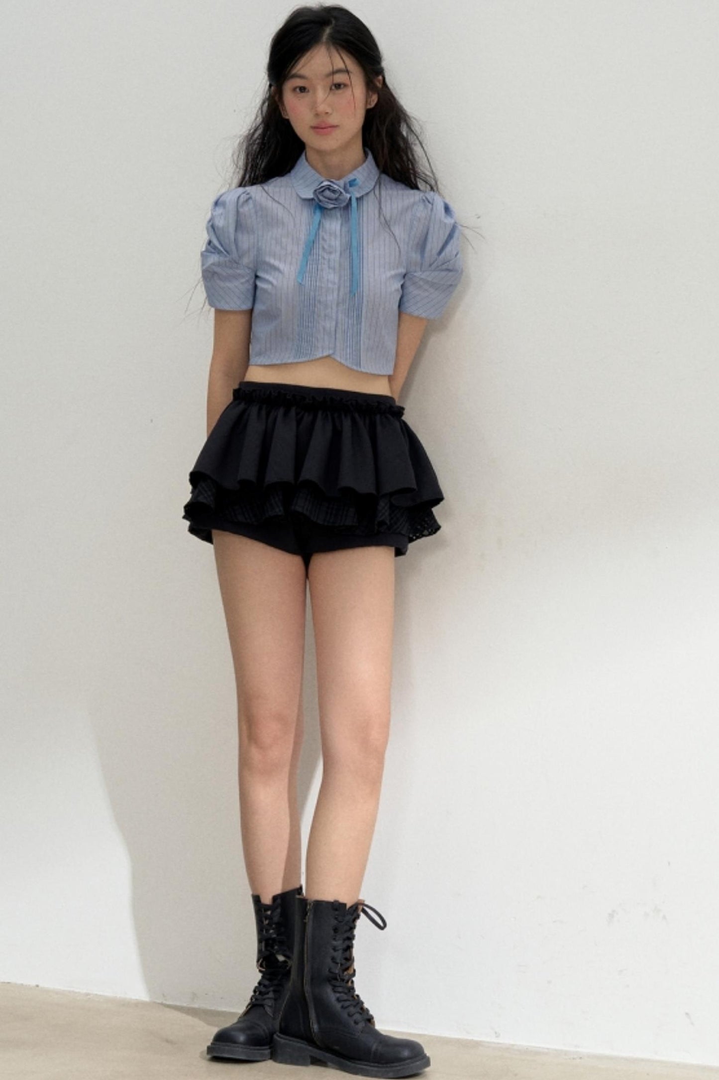 Vertical Stripe Bubble Sleeve Shirt