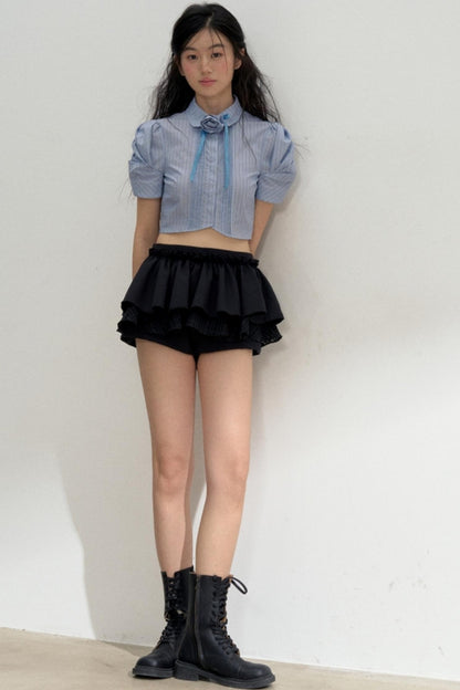 Vertical Stripe Bubble Sleeve Shirt