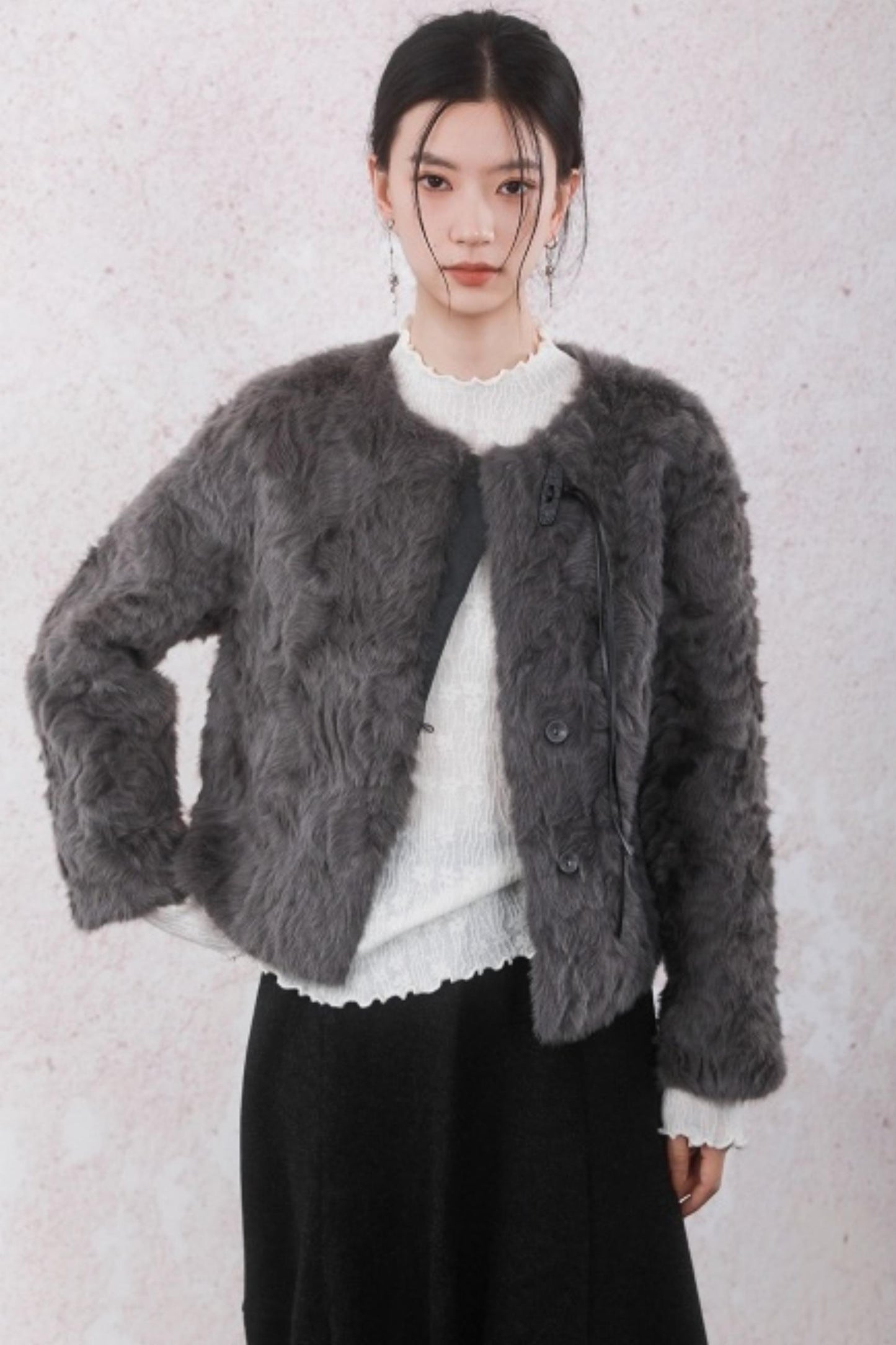 Elegant Gray-Brown Plush Jacket