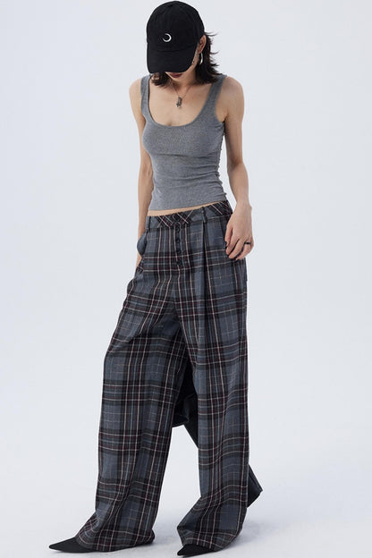 Check Pleated Wide-Leg Trousers