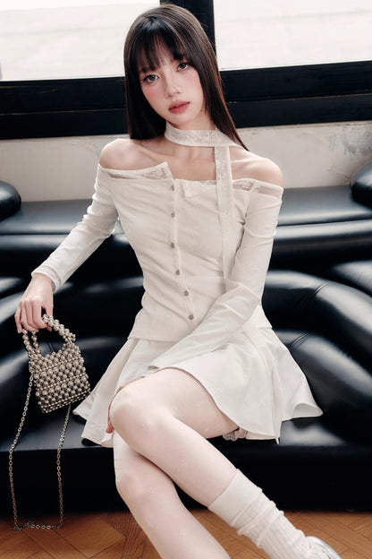 White Moonlight Lace Embroidered Top Skirt Set-Up