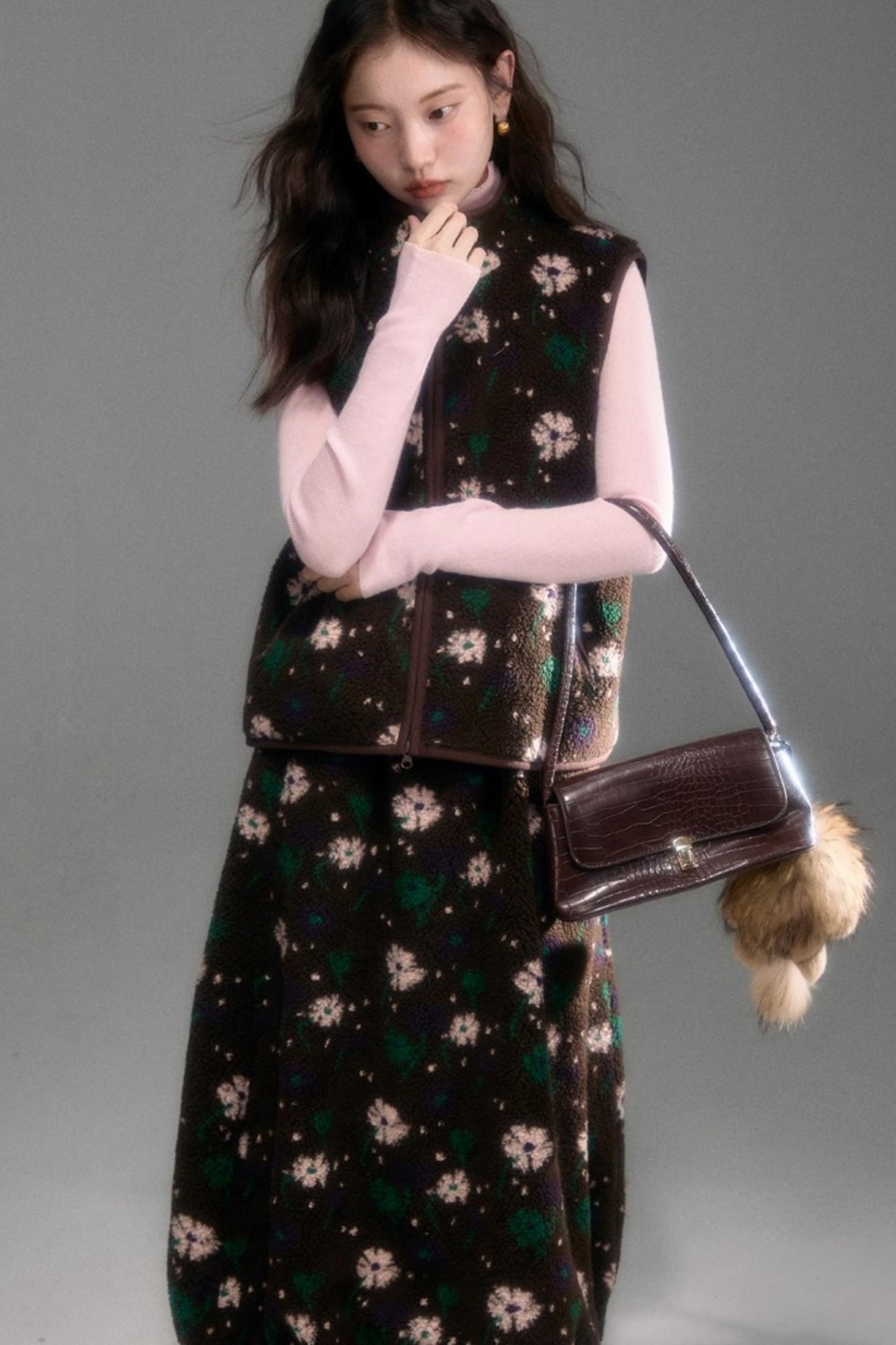 Floral Faux Lamb Wool Vest Jacket Set-Up