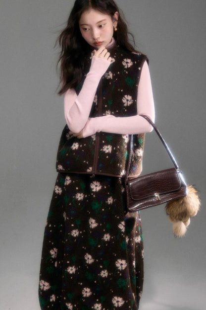 Floral Faux Lamb Wool Vest Jacket Set-Up