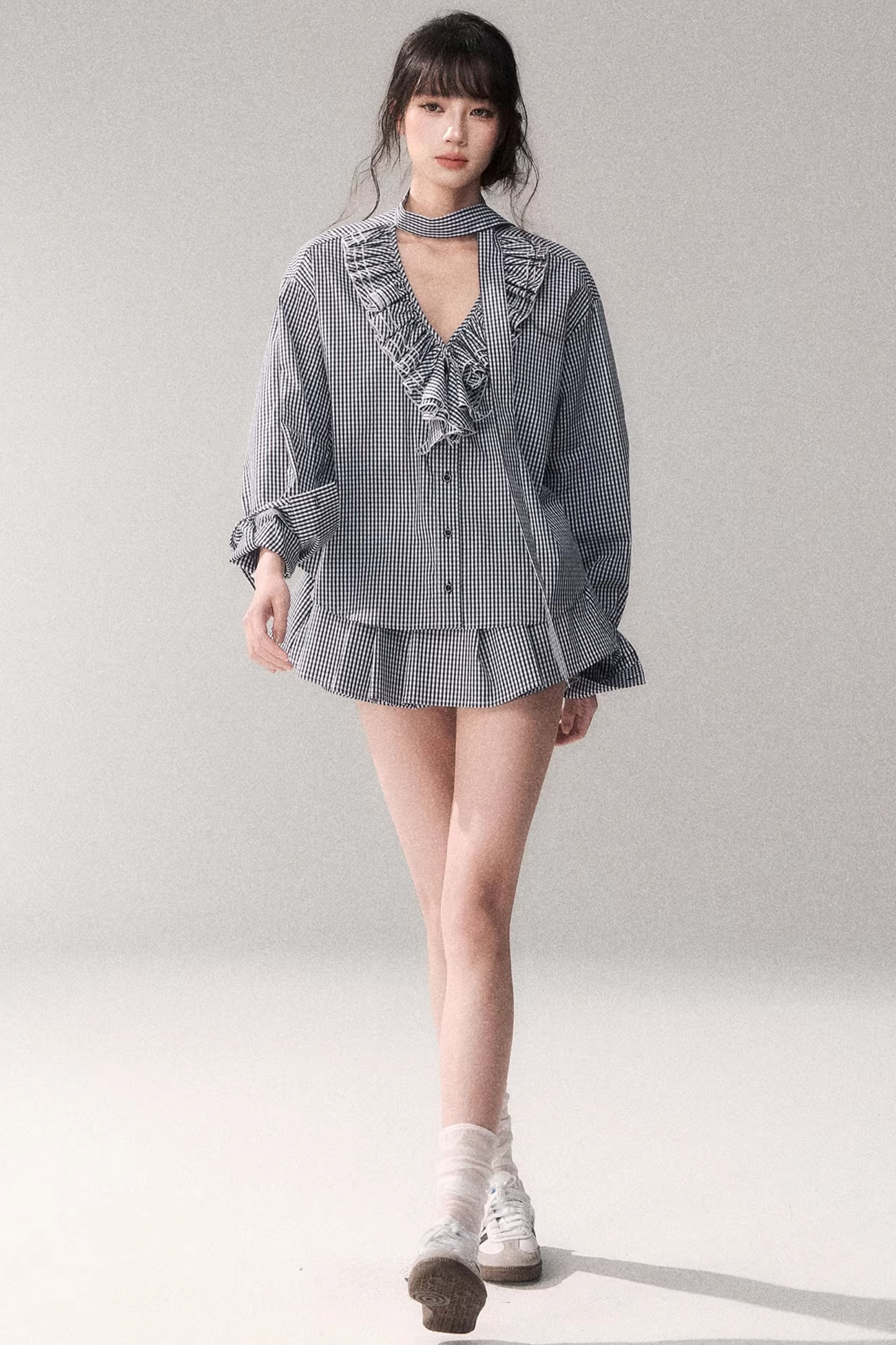 Blue Check Lace Blouse Set-Up