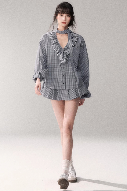 Blue Check Lace Blouse Set-Up