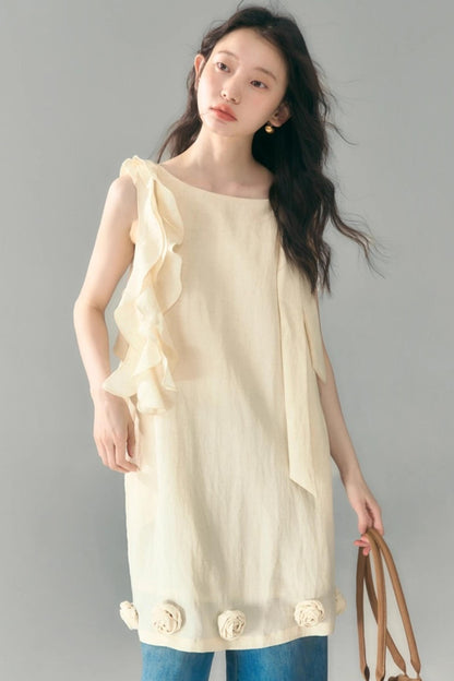 Three-Dimensional Rose Lace Linen-Blend Dress