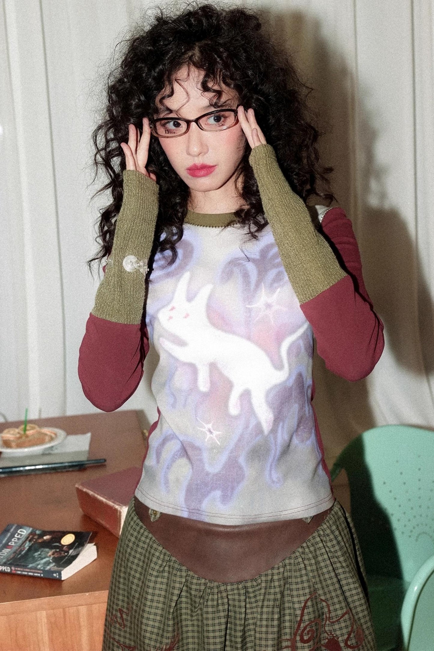 Flower Gauze Round Neck Long-Sleeved T-Shirt