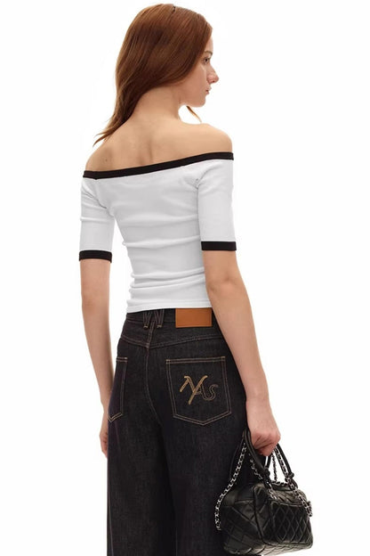 Off-Shoulder Contrast Knit Top