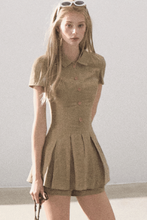 Pleated Textured Shirt Dress