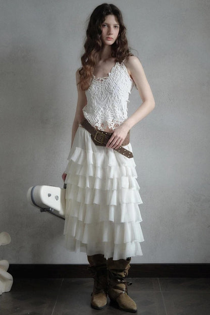 Embellished Lace Vest and Ruffle Skirt Set-Up