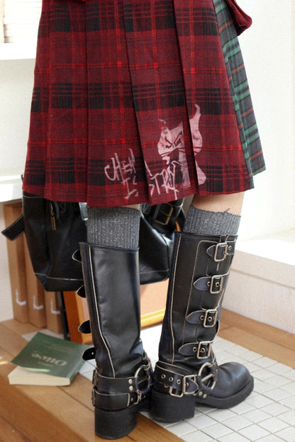 Retro Casual Pleated Plaid Skirt