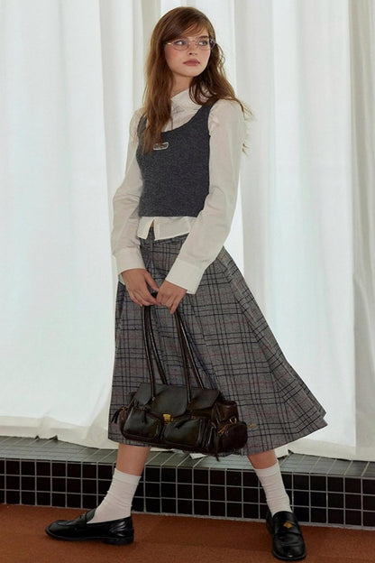 Vintage Gray Plaid Midi Pleated Skirt