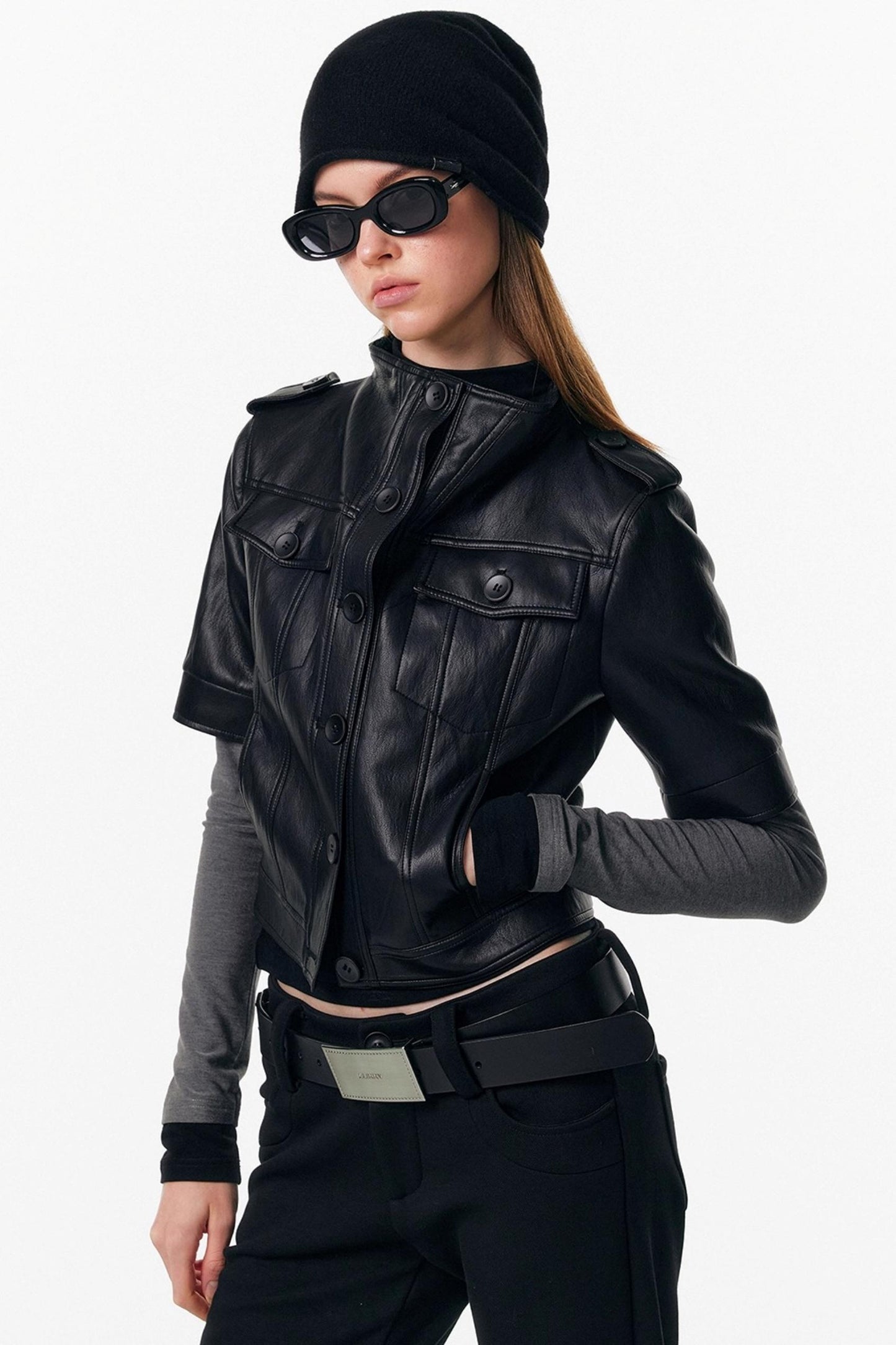 Leather Mid-Sleeve Slim Jacket