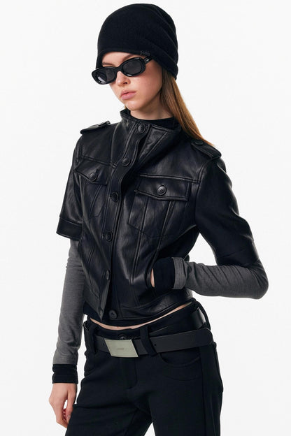 Leather Mid-Sleeve Slim Jacket
