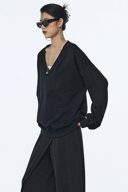 Black V-Neck Winter Top