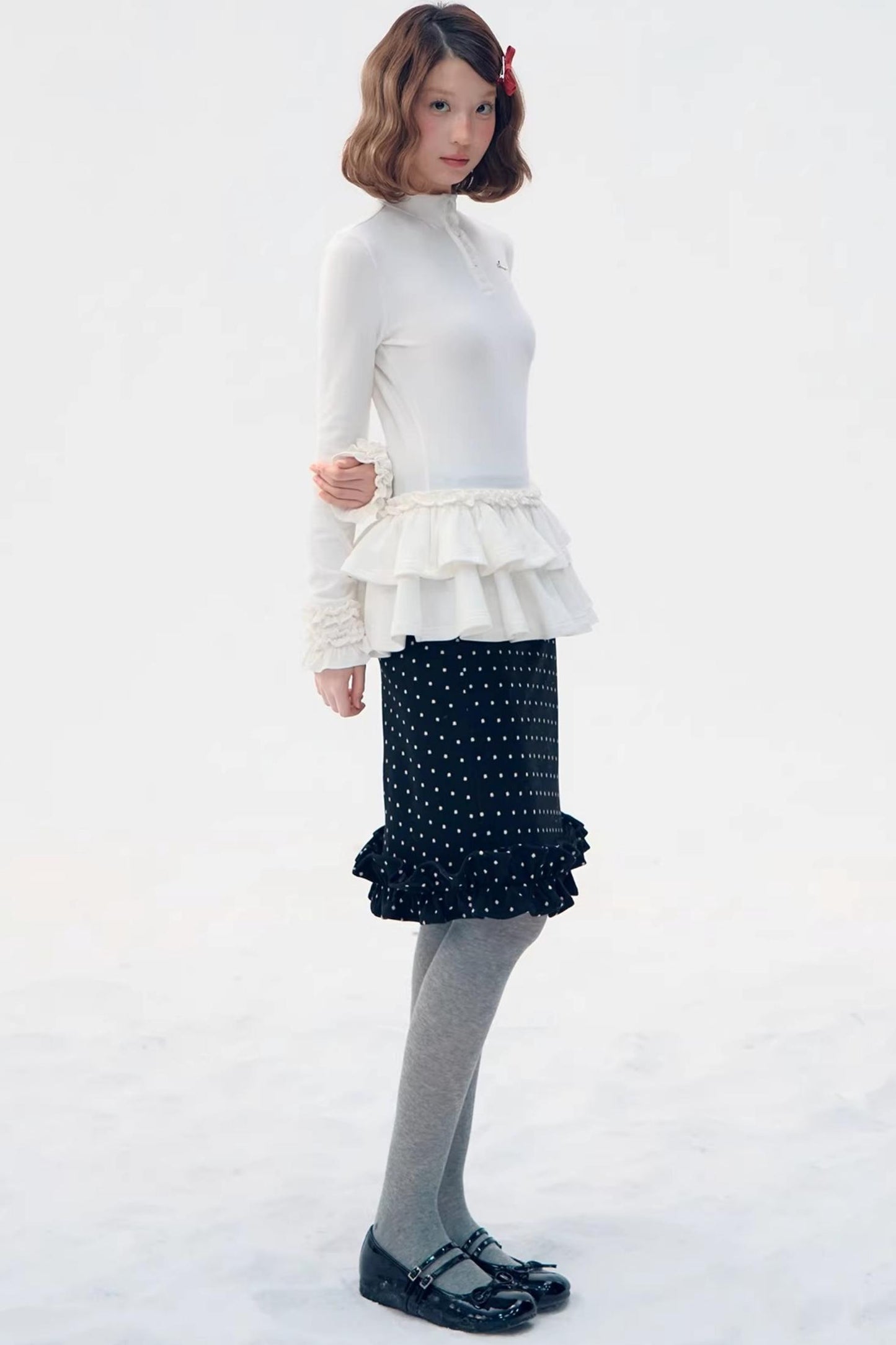 Six-Button Lace Hem Blouse Top