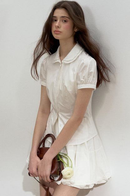 Lace-Collared Cotton Blouse Set-Up