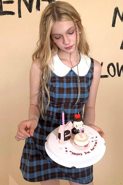 Blue Plaid Sleeveless Dress