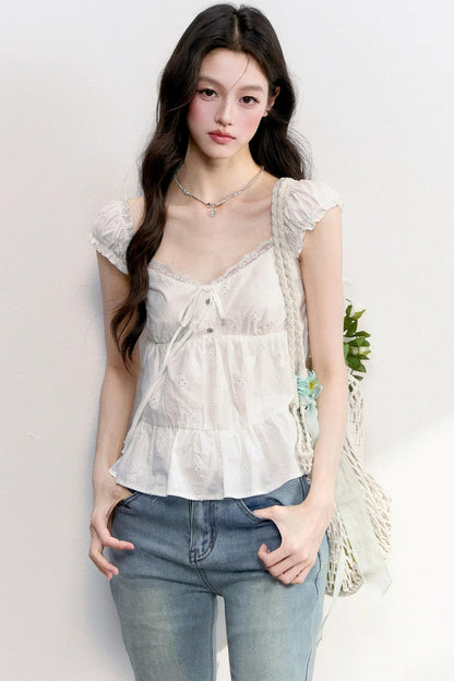 French Lace Puff Sleeve Blouse