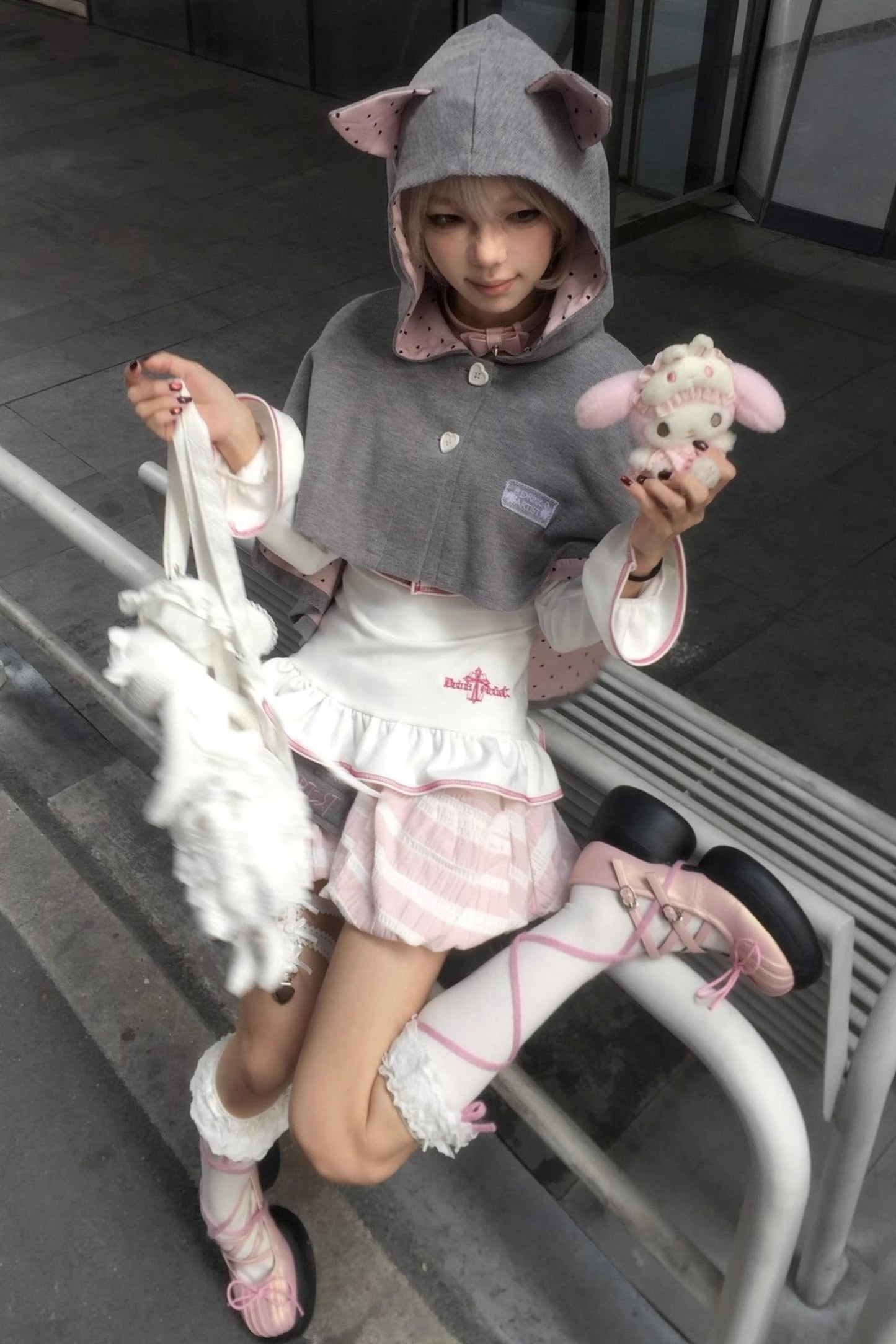 Cute Gray-Pink Cat Ears Hooded Coat