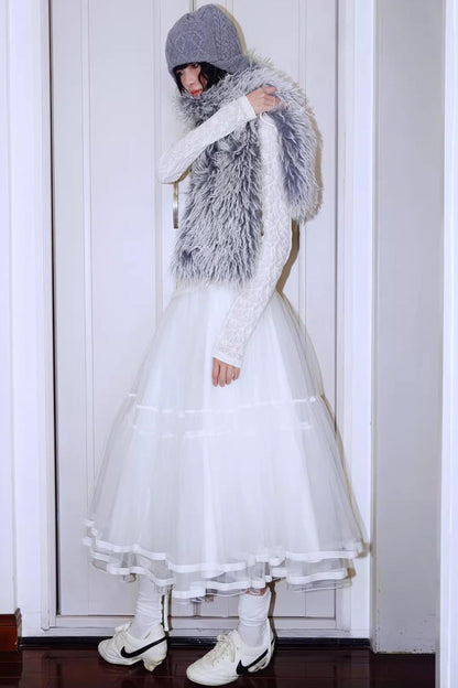 Autumn Mesh Puffy Long Skirt